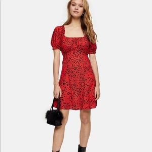 Topshop leopard print gathered bust mini dress in red